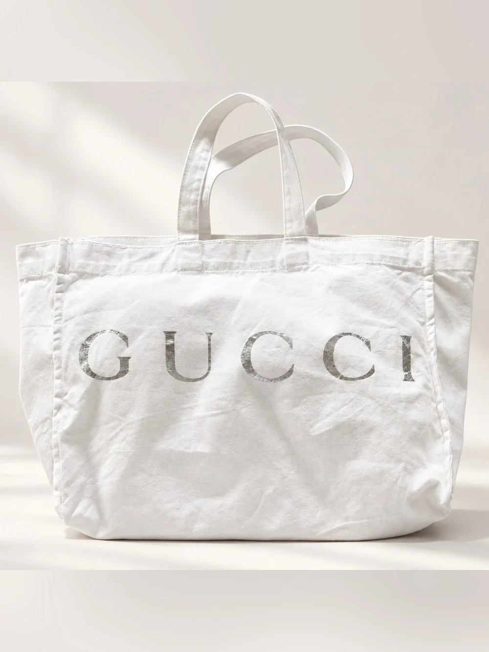 Gucci White Canvas Tote Bag Silver Metallic Logo